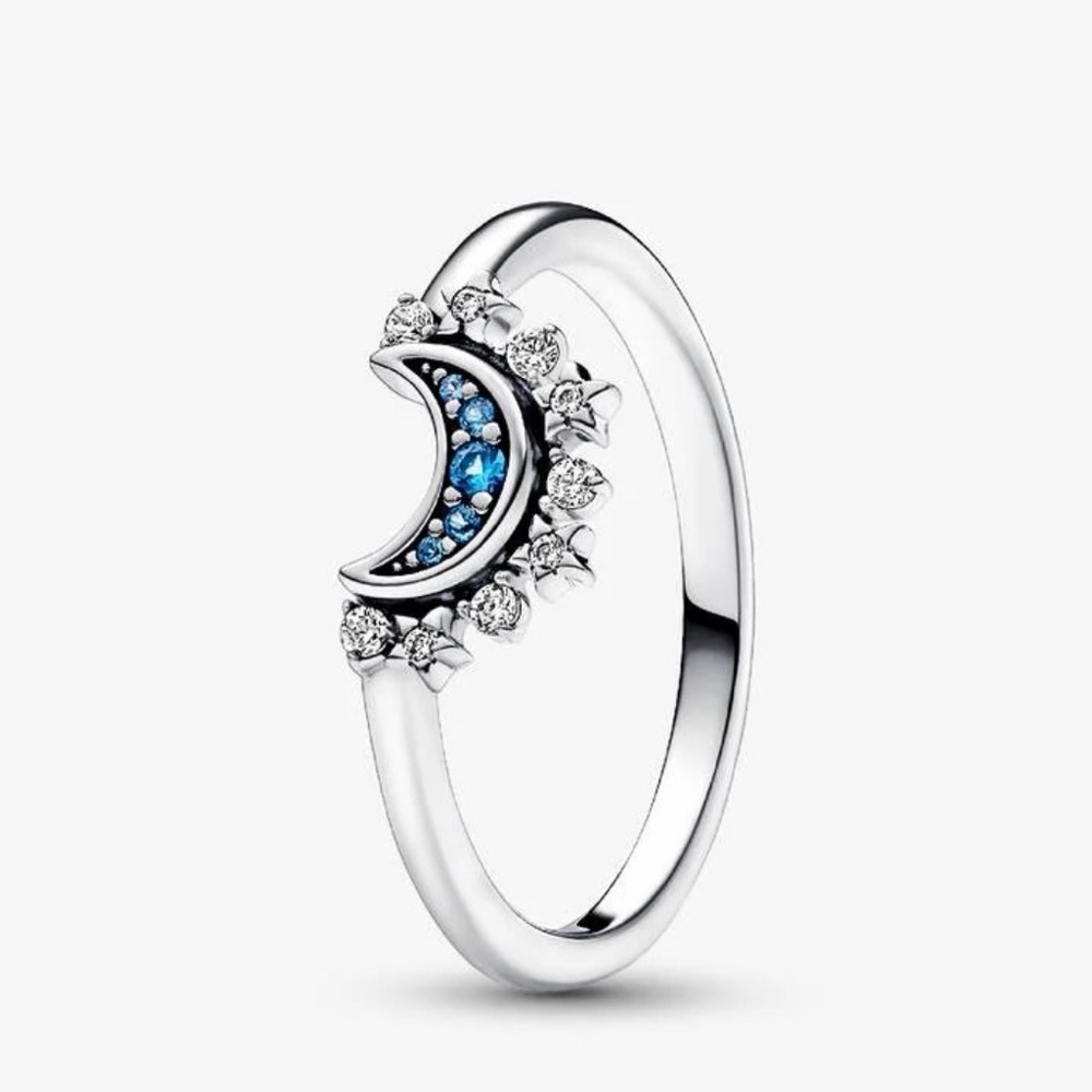 PANDORA Celestial Blue Sparkling Moon Ring Size 9 W/ Pandora Pouch And Brush NEW